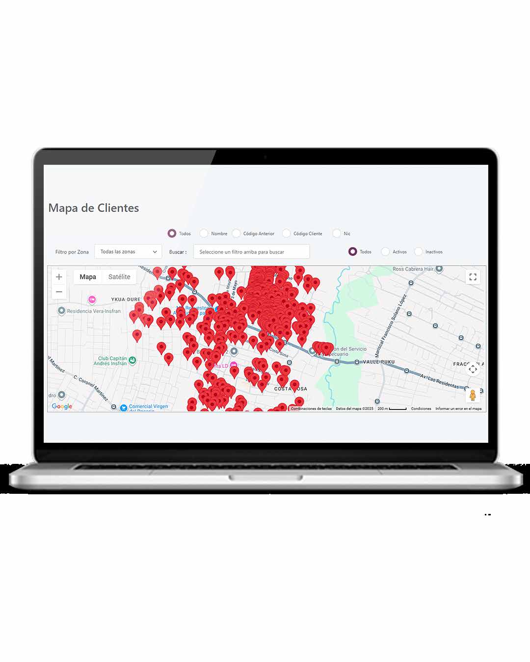 Mapa interactivo de clientes del sistema SIS_YKUA