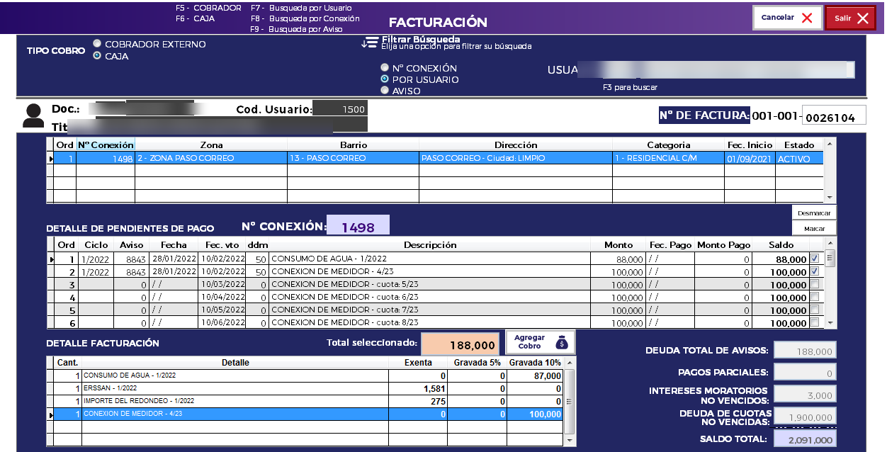Pantalla de facturación de SIS_YKUA